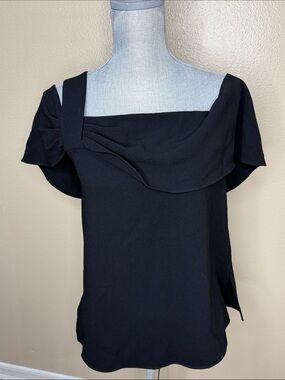 Tibi Black Triacetate Asymmetrical Draped Bow Shoulder Top - Size 6